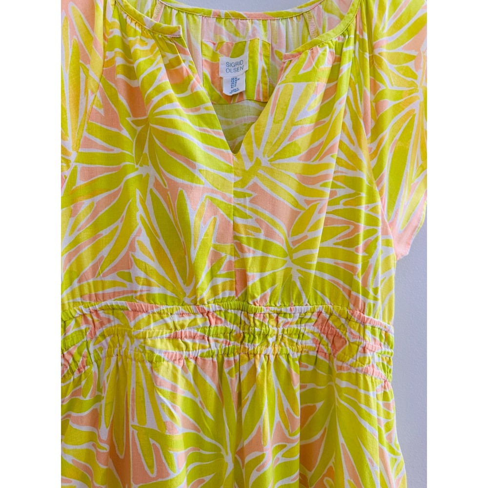 Sigrid Olsen Women Lime Green Peach Tropical Palm Linen Blend Midi Dress Size M - Picture 4 of 8